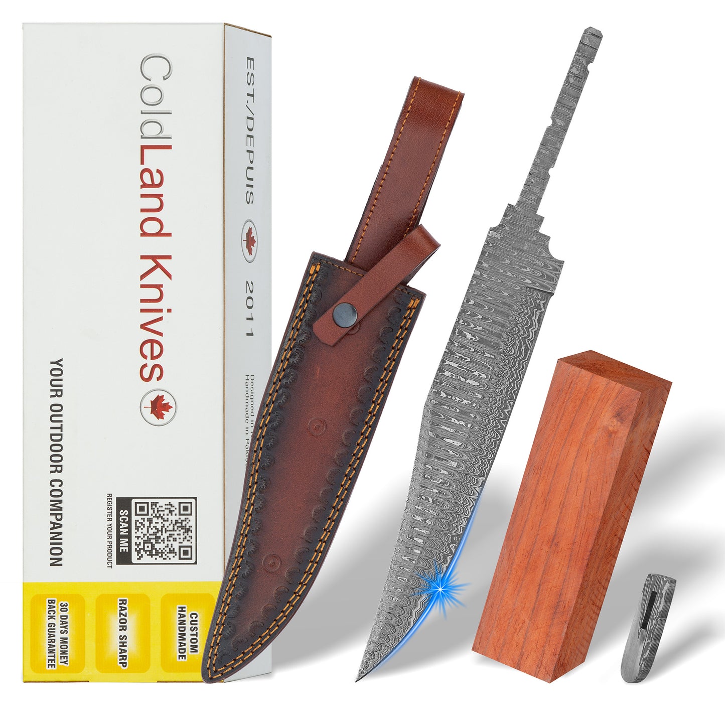 Damascus Steel Knife Making Kit 13” – Hand Forged Bowie Full Tang Hunting Blade with African Red Padauk Wood Handle & Damascus Bolster NAKIT15