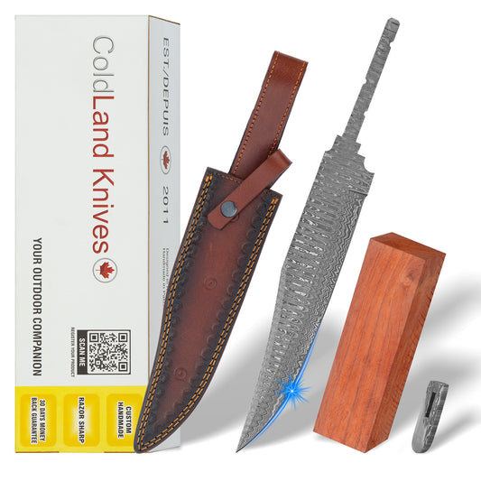 Damascus Steel Knife Making Kit 13” – Hand Forged Bowie Full Tang Hunting Blade with African Red Padauk Wood Handle & Damascus Bolster NAKIT15