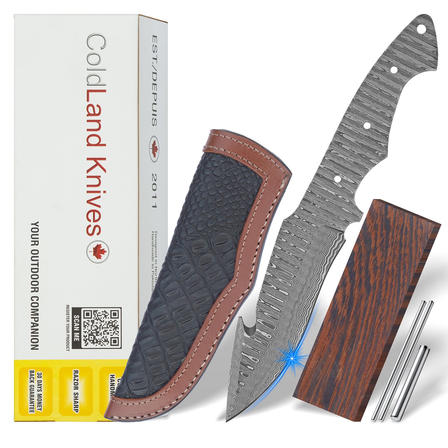 Damascus Steel Knife Making Kit 9” – Hand Forged Gut Hook Hunting & Skinner Full Tang Blade with Wenge Wood Handle NAKIT10