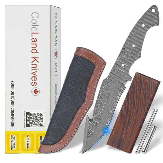 Damascus Steel Knife Making Kit 9” – Hand Forged Gut Hook Hunting & Skinner Full Tang Blade with Wenge Wood Handle NAKIT10