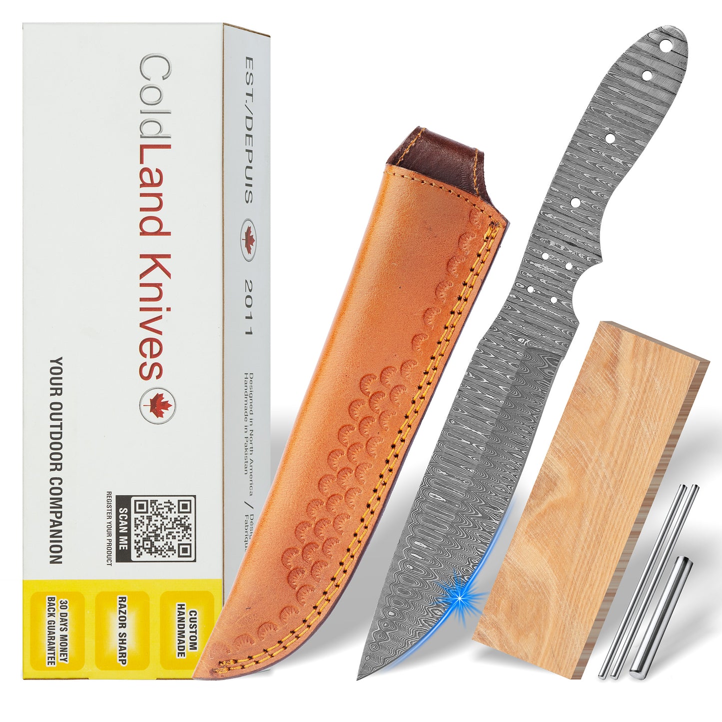 Damascus Steel Knife Making Kit 11.5” – Hand Forged Hunting Full Tang Blade with Olive Wood Handle NAKIT13