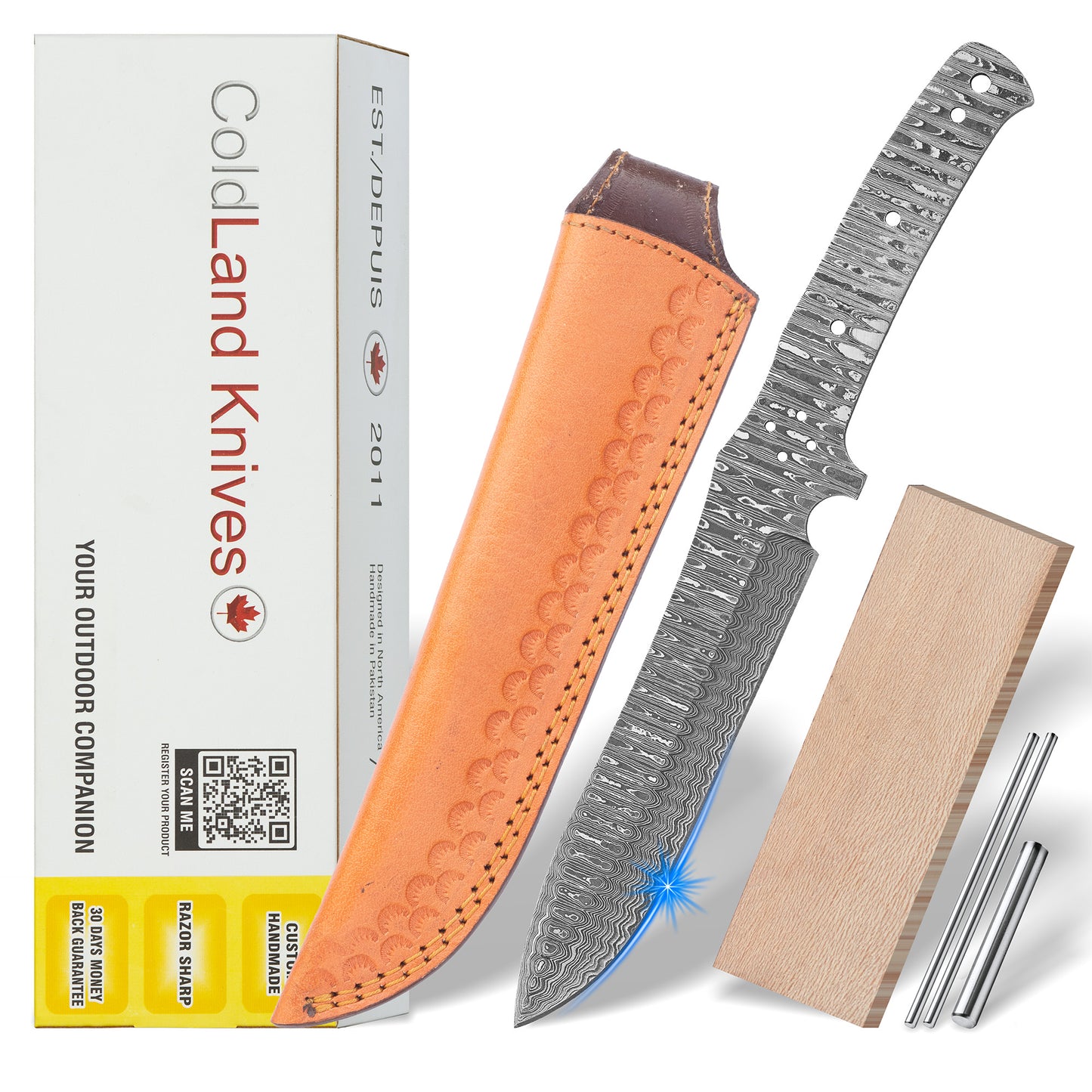 Damascus Steel Knife Making Kit 11” – Hand Forged Hunting & Skinner Full Tang Blade with Maple Wood Handle NAKIT05
