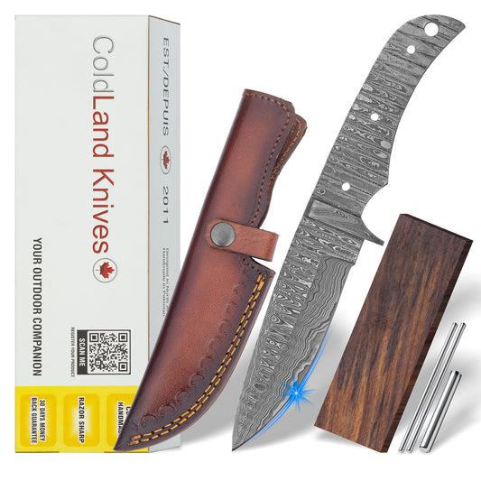 Damascus Steel Knife Making Kit 9” – Hand Forged Hunting & Skinner Full Tang Blade with Rose Wood Handle & Damascus Bolster NAKIT11